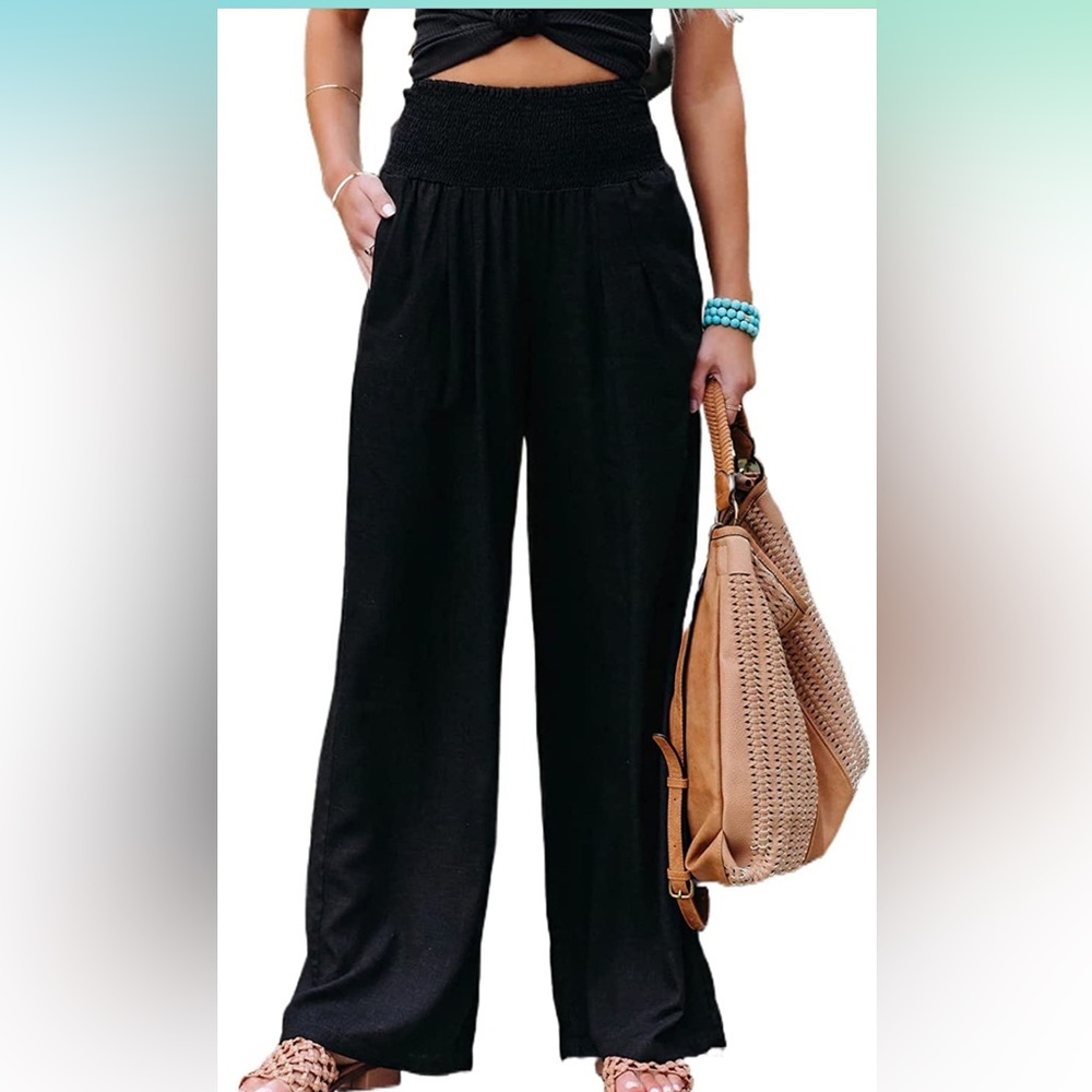 LIORAITIIN Cotton Linen Pants Elastic High Waist Loose Wide Leg Palazzo Lounge L